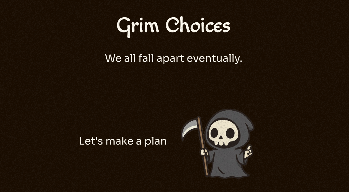 A cute chibi-style Grim Reaper with a skull face, teal hood, and blue-purple robe, holding a scythe in one hand and making a peace sign with the other, against a pastel pink, mint, and lavender abstract background.
